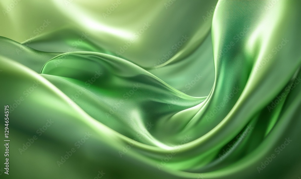 Obraz premium Abstract flowing silk fabric in emerald green with smooth folds and glossy highlights, illuminated by soft light creating a luxurious visual effect
