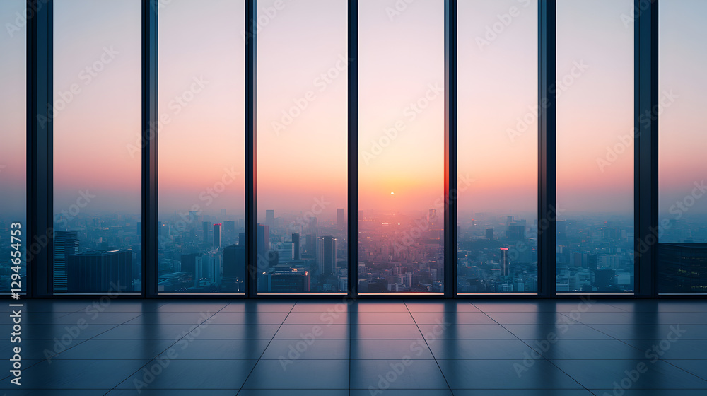 Fototapeta premium Indoor wide angle photo of sunset from modern office in urban setting