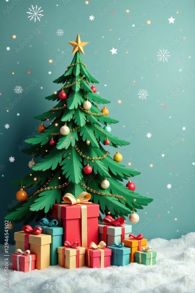 A Festive Papercraft Christmas Tree with Colorful Presents Underneath, Snow, and Sparkling Lights A Festive Papercraft Christmas Tree with Colorful Presents Underneath, Snow, and Sparkling Lights