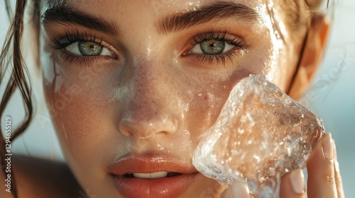 Freckled woman cooling facial skin, pressing ice cube against cheek, highlighting minimalist skincare approach with fresh, dewy complexion photo