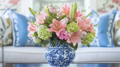 A vibrant floral arrangement in a modern porcelain vase with a glossy finish, sitting atop a designer coffee table.