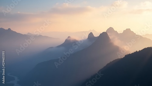 Misty Mountain Majesty at Sunrise: A Breathtaking Panorama