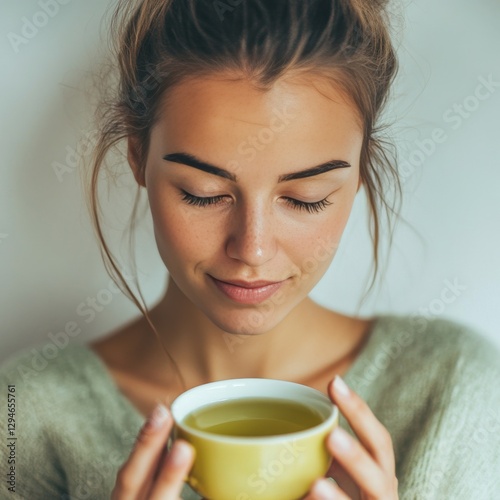 Girl enjoying aromatic green tea in a yellow cup, relaxing and practicing mindful moments of self-care and wellness.