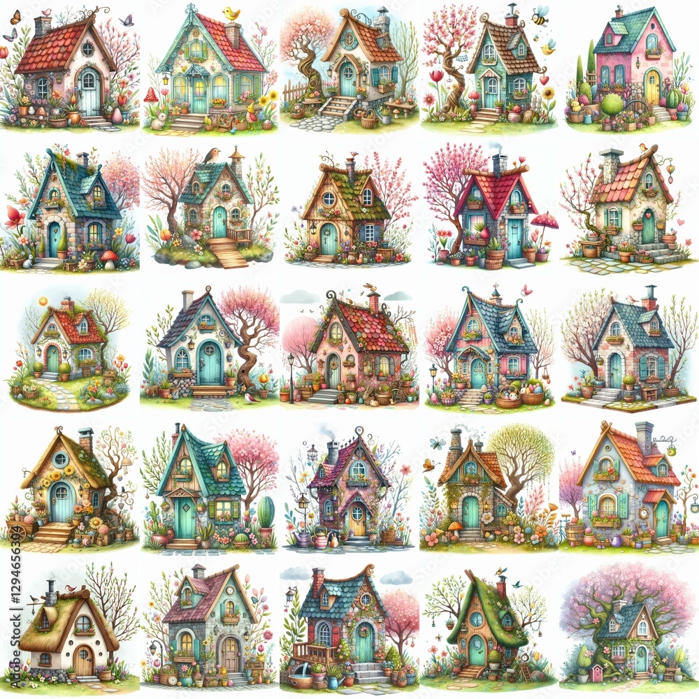 Naklejka premium Watercolor Spring House. AI generated illustration