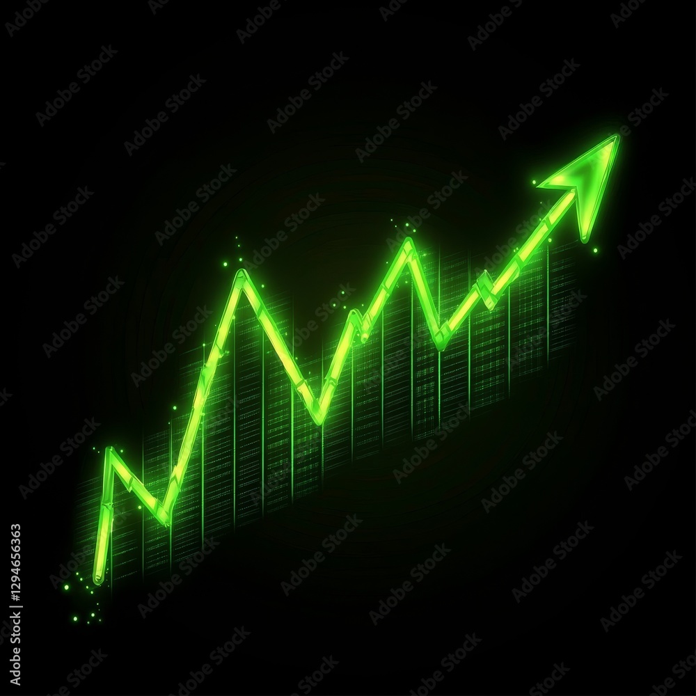 Naklejka premium Green Ascending Arrow: A Visual Representation of Positive Growth and Market Trends, Illuminated on a Dark Background.