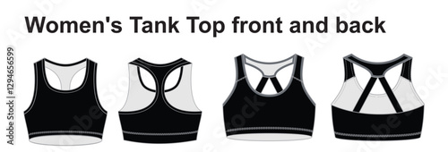 Lace Tank Top technical fashion illustration, polka-dot design. Strap Top fashion flat technical drawing template, side zip-up, front and back view, white, blue color, women vector mockup set.