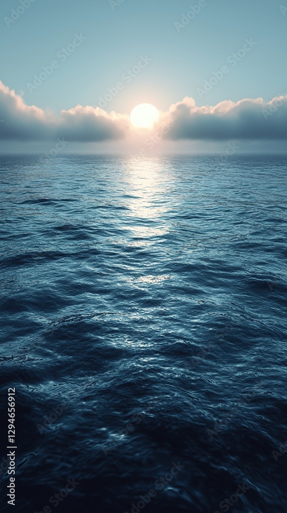 Fototapeta premium Sunrise over calm ocean waters with soft clouds in the background creating a serene morning atmosphere