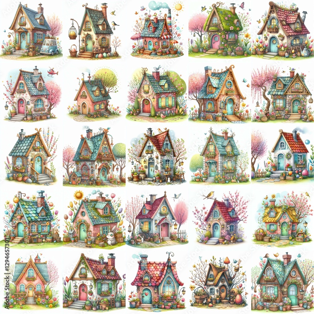 Naklejka premium Watercolor Spring House. AI generated illustration