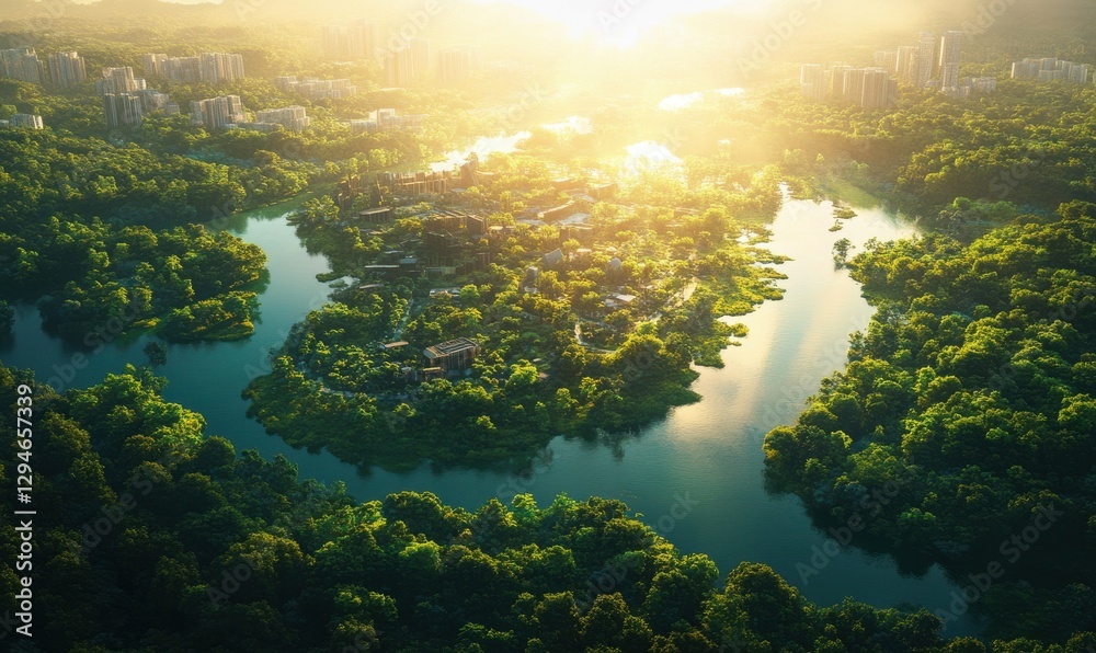 Obraz premium Aerial view of a futuristic city surrounded by lush green forests and rivers, with bright sunlight highlighting sustainable design. Vibrant tones evoke harmony,