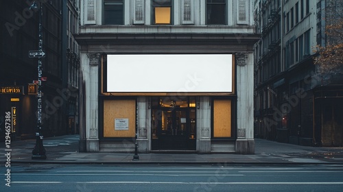 A vacant store front with a blank billboard stands empty outside photo