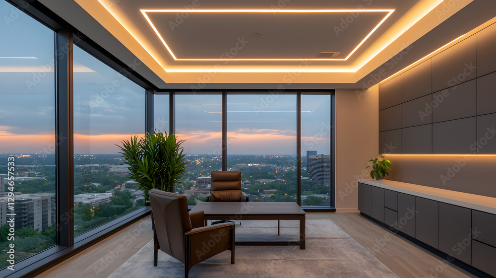 Fototapeta premium Contemporary urban office space with stunning city views and interior design