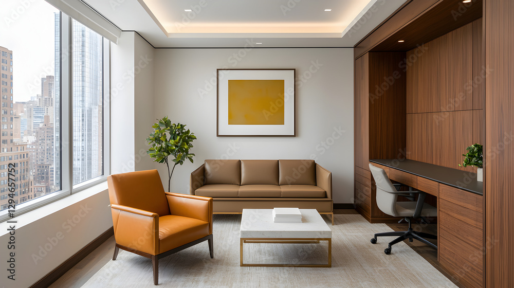 Fototapeta premium Contemporary office lounge design in new york city’s urban interior spaces