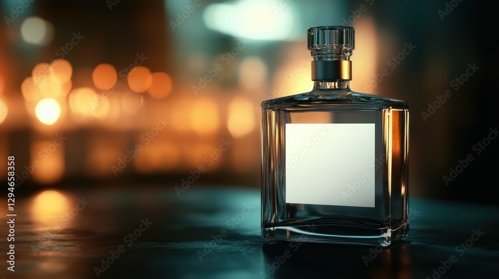 A square glass bottle with a blank white label, illuminated by soft lighting to emphasize its sophisticated A square glass bottle with a blank white label, illuminated by soft lighting to emphasize its sophisticated
