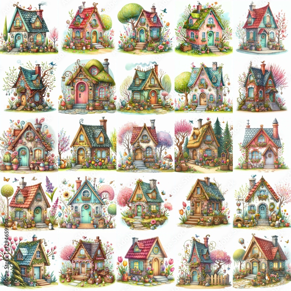 Naklejka premium Watercolor Spring House. AI generated illustration