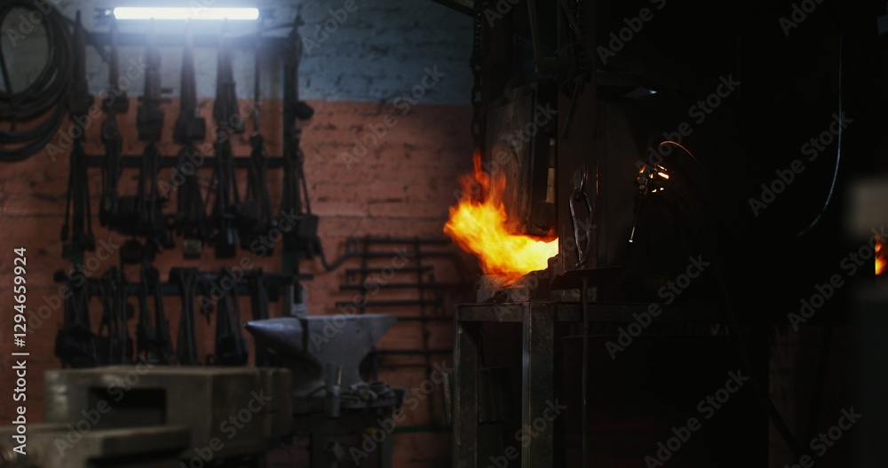 Kindled fire in the blacksmith's furnace. Side view of the flames emerging from the holes in the furnace. There are no people in the video. 4k video, red komodo