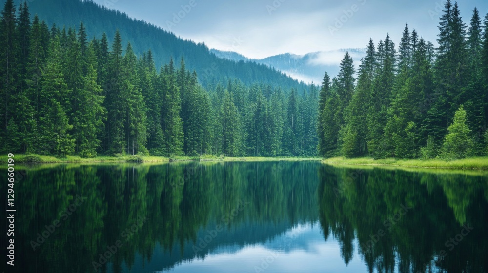 Serene Mountain Lake with Lush Green Forest Reflection Serene Mountain Lake with Lush Green Forest Reflection