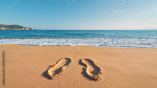 Tranquil coastal scene footprints on a serene beach in nature's peaceful embrace