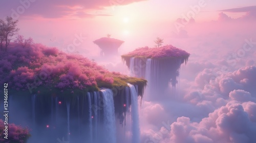 Fantasy Landscape of Floating Islands with Lush Flowers and Waterfalls