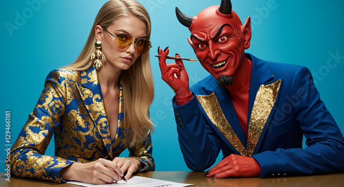 Elegant businesswoman in a golden-blue suit signs a contract with a devilish figure in a suit with horns, wings, and red skin. Concept of temptation, deals, power, and moral choices.