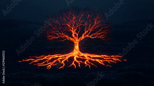 Digital artwork erupting lava tree symbolizes nature's power in abstract design