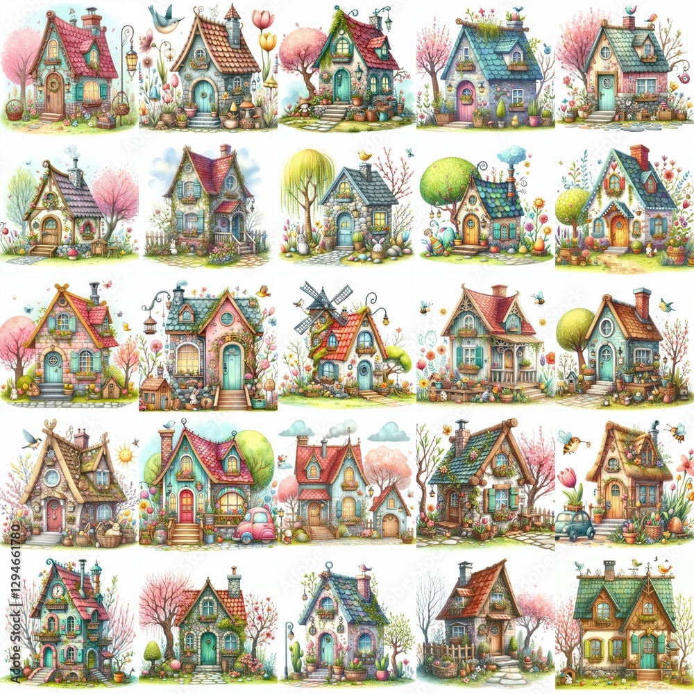 Naklejka premium Watercolor Spring House. AI generated illustration