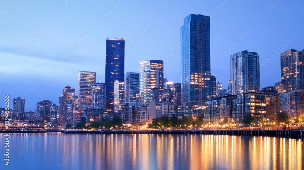 Fototapeta premium The skyline of a thriving metropolis at dusk, with stylish high-rise residences rising into the night.