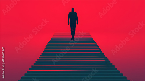 Modern artistic view man walking up stairs on a red abstract digital background