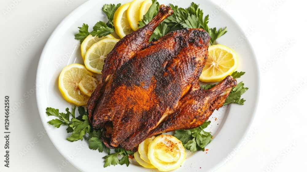 A whole crispy roast duck on a pristine white plate with sliced lemons, parsley sprigs, and a dusting of paprika for garnish A whole crispy roast duck on a pristine white plate with sliced lemons, parsley sprigs, and a dusting of paprika for garnish