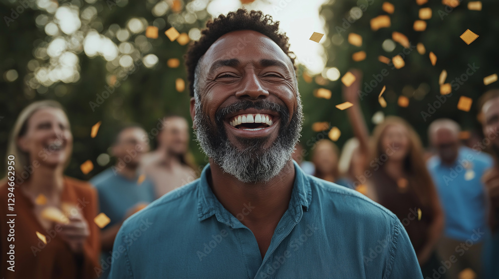 A man with a big smile on his face is surrounded by a group of people A man with a big smile on his face is surrounded by a group of people