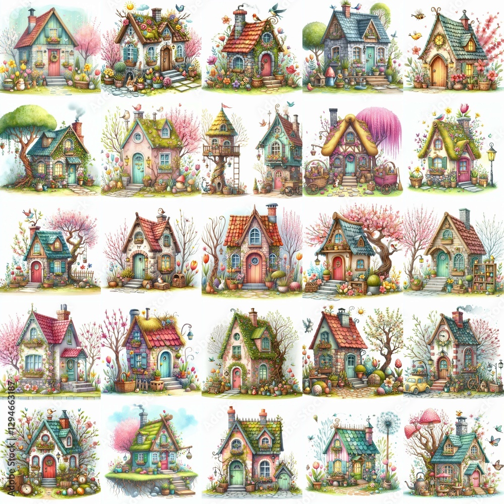 Obraz premium Watercolor Spring House. AI generated illustration