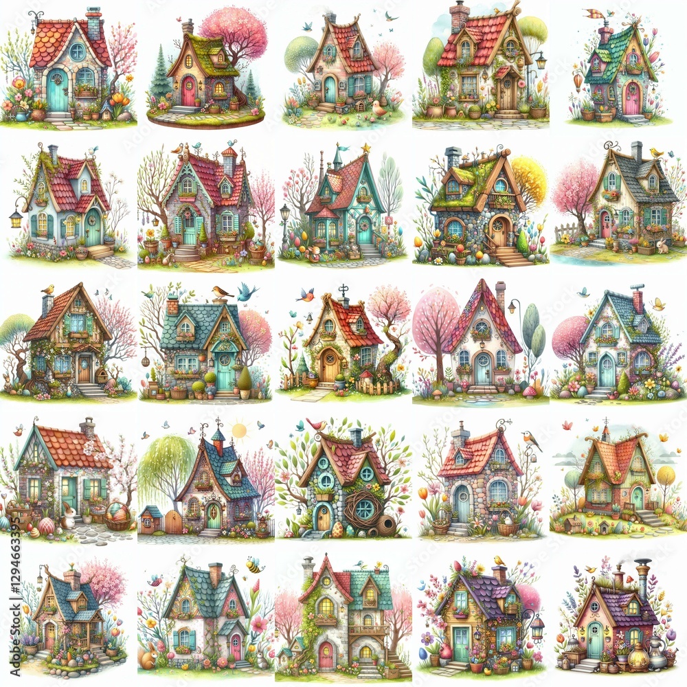 Fototapeta premium Watercolor Spring House. AI generated illustration