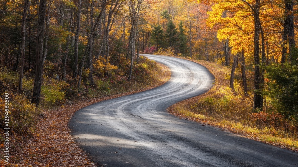 Obraz premium Winding Hilly Road Embraced by Autumn Foliage Under Gentle Sunlight