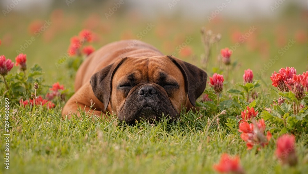 Sleepy boxer dog in red clover field Sleepy boxer dog in red clover field