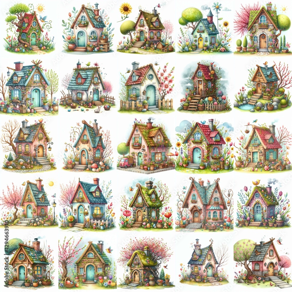 Naklejka premium Watercolor Spring House. AI generated illustration