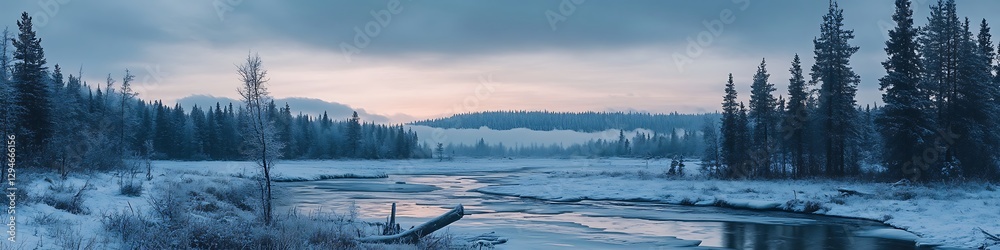 A cool, icy river flowing through a frozen landscape with text space A cool, icy river flowing through a frozen landscape with text space