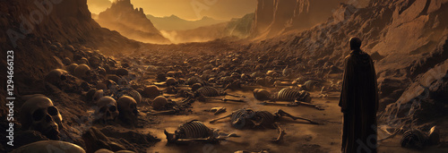 a prophet stands before a valley covered with dry, scattered bones.