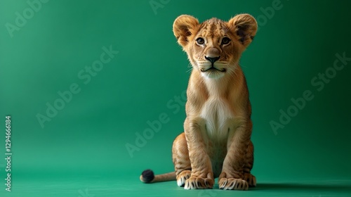 Lion cub sitting, green background, wildlife photography, zoo animal portrait