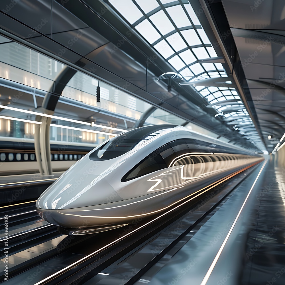 Futuristic high-speed train at a modern station. Fast transportation, future travel, public transport, modern design, speed, innovation.
Futuristic high-speed train at a modern station. Fast transportation, future travel, public transport, modern design, speed, innovation.