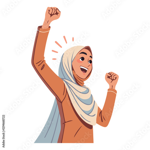 A young Muslim woman in a hijab. A happy expression on her face, a woman smiles and laughs, throwing her hands up in a joyful, victorious gesture. Flat vector illustration isolated on a white backgrou