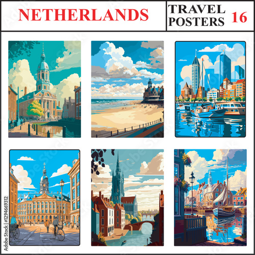 Netherlands Groningen Scheveningen Beach Rotterdam Travel Poster Wall Art Print Collection Set 16