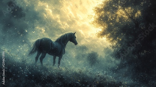Majestic horse in misty forest sunrise, peaceful scene