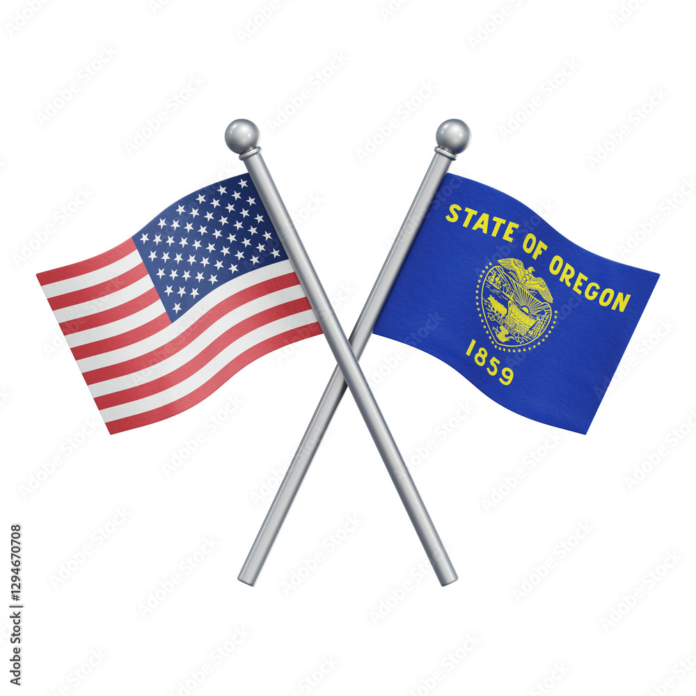 Fototapeta premium Crossed USA and Oregon flags isolated on transparent background. 3D rendering