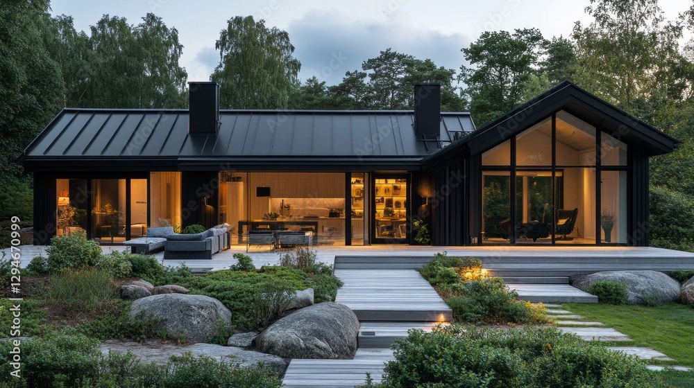 Obraz premium A beautifully designed Scandinavian garden features soft landscaping and sleek modern architecture. The space balances natural elements with contemporary lines, illuminated softly by evening light