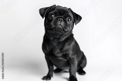 Charming black pug posing elegantly against a white background. The perfect shot for dog lovers and pet-themed designs.