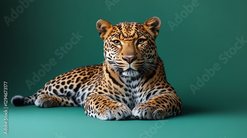 Majestic leopard resting, green background, wildlife photography, nature documentary