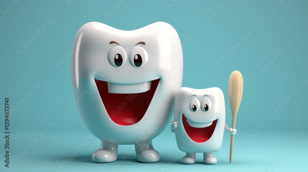 Fototapeta premium Tooth character with toothbrush isolated on blue background with copy space. 3d illustration. Dental concept with copy space