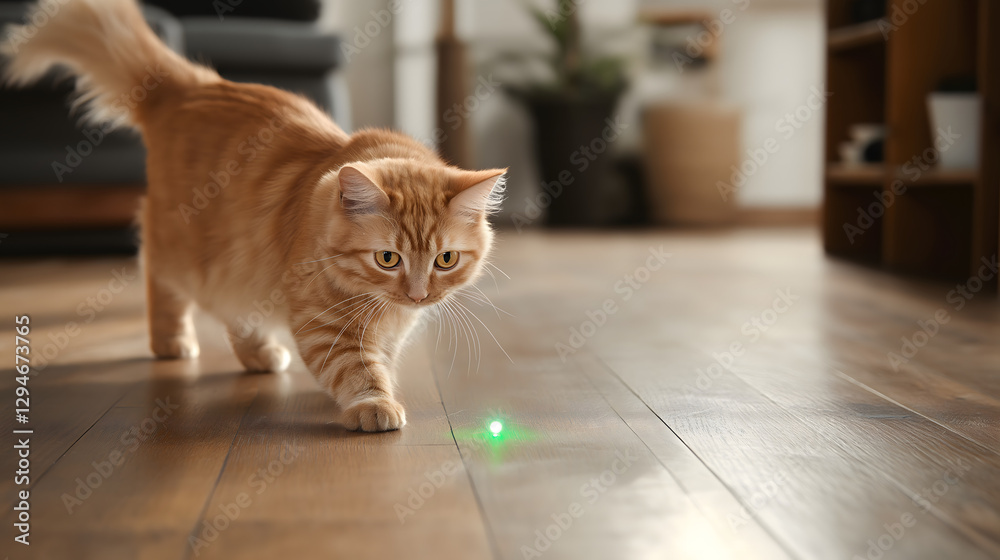 Ginger cat energetically chases a bright laser pointer dot across wooden floor in a cozy living room during the day Ginger cat energetically chases a bright laser pointer dot across wooden floor in a cozy living room during the day
