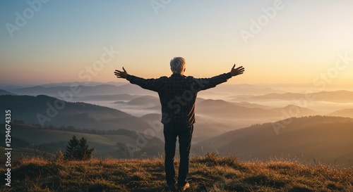 Silhouette of person with outstretched arms on mountain at sunset for inspirational content, retirement planning, wellness blogs, articles about freedom in later life, motivational blogs photo