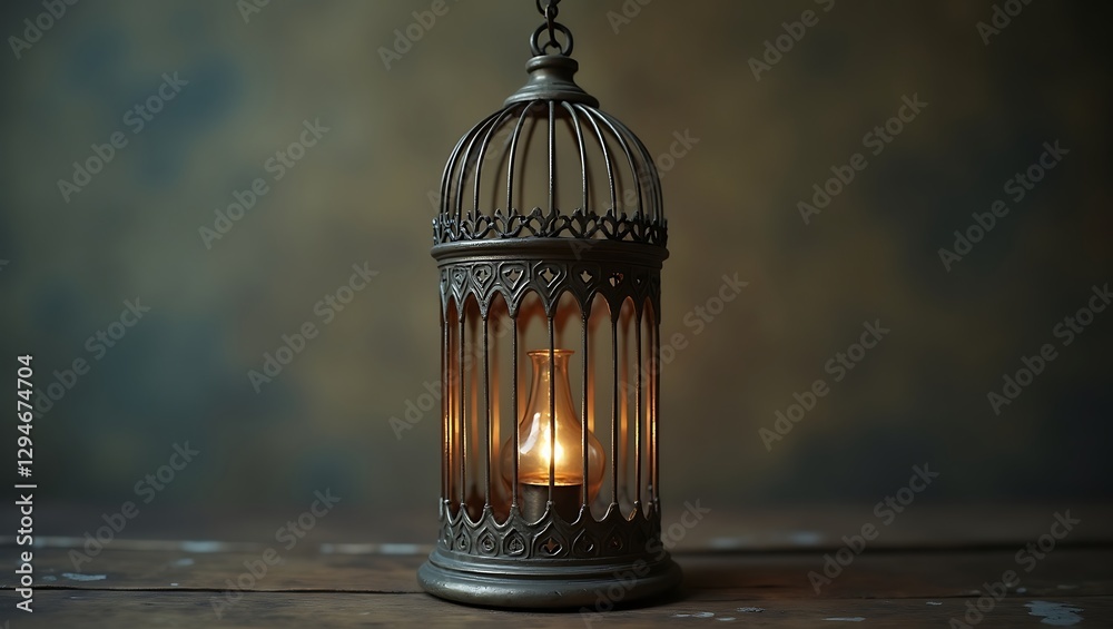 Obraz premium Ornate Birdcage Lantern with Glowing Light