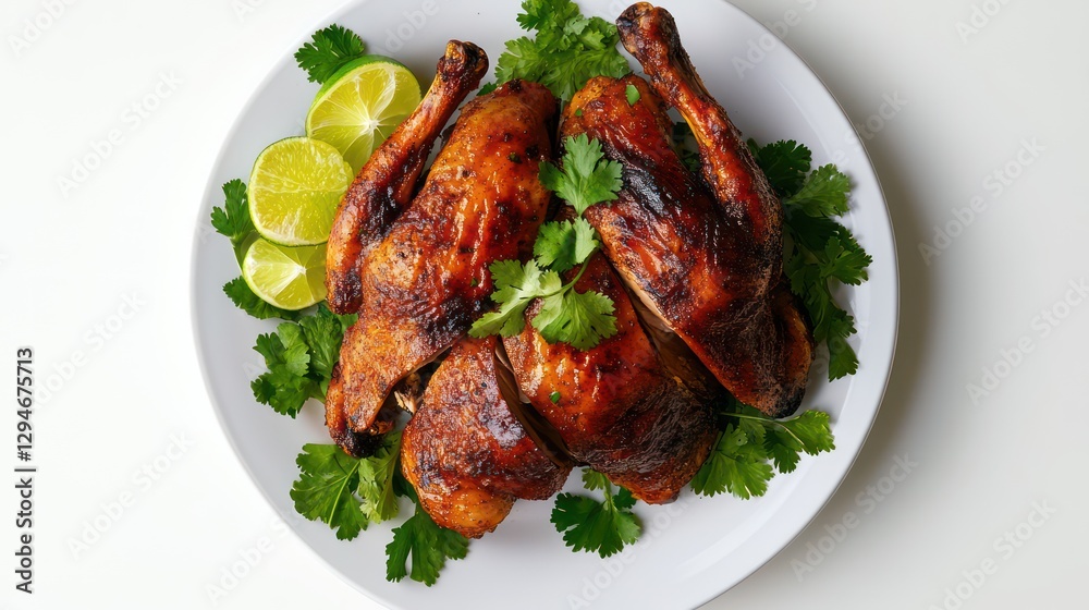 Crispy roast duck served with a scattering of whole coriander seeds, lime wedges Crispy roast duck served with a scattering of whole coriander seeds, lime wedges